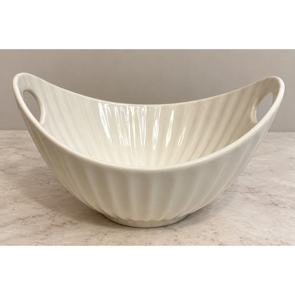 10 STRAWBERRY STREET Whittier Bowl White Oval Handled Ribbed Coastal Cottage